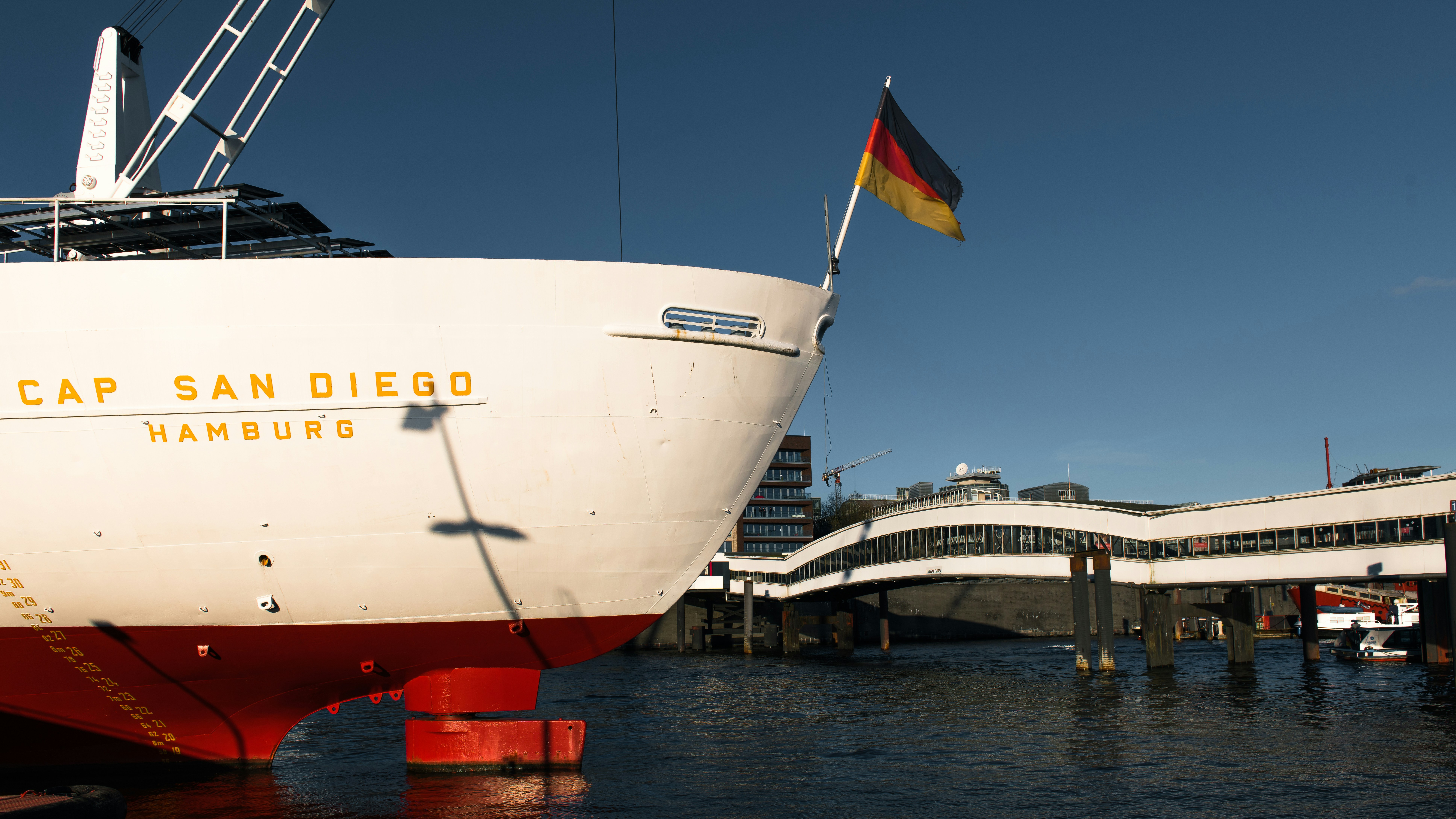 Stern of the cap san diego ship with german flag.