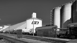 Industrial grain silos with freight train cars.