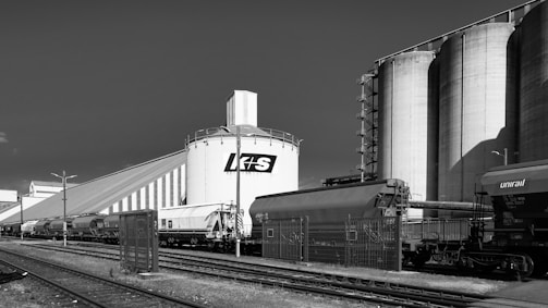 Industrial grain silos with freight train cars.