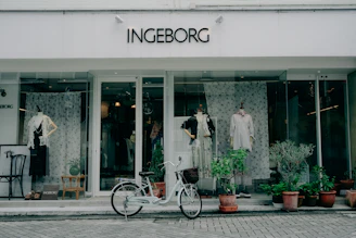 Bicycle parked outside a storefront with mannequins