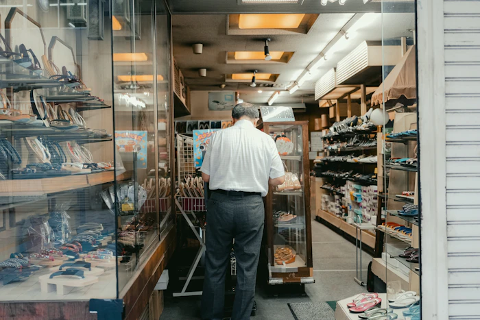 Homme faisant ses courses dans un dépanneur bien approvision