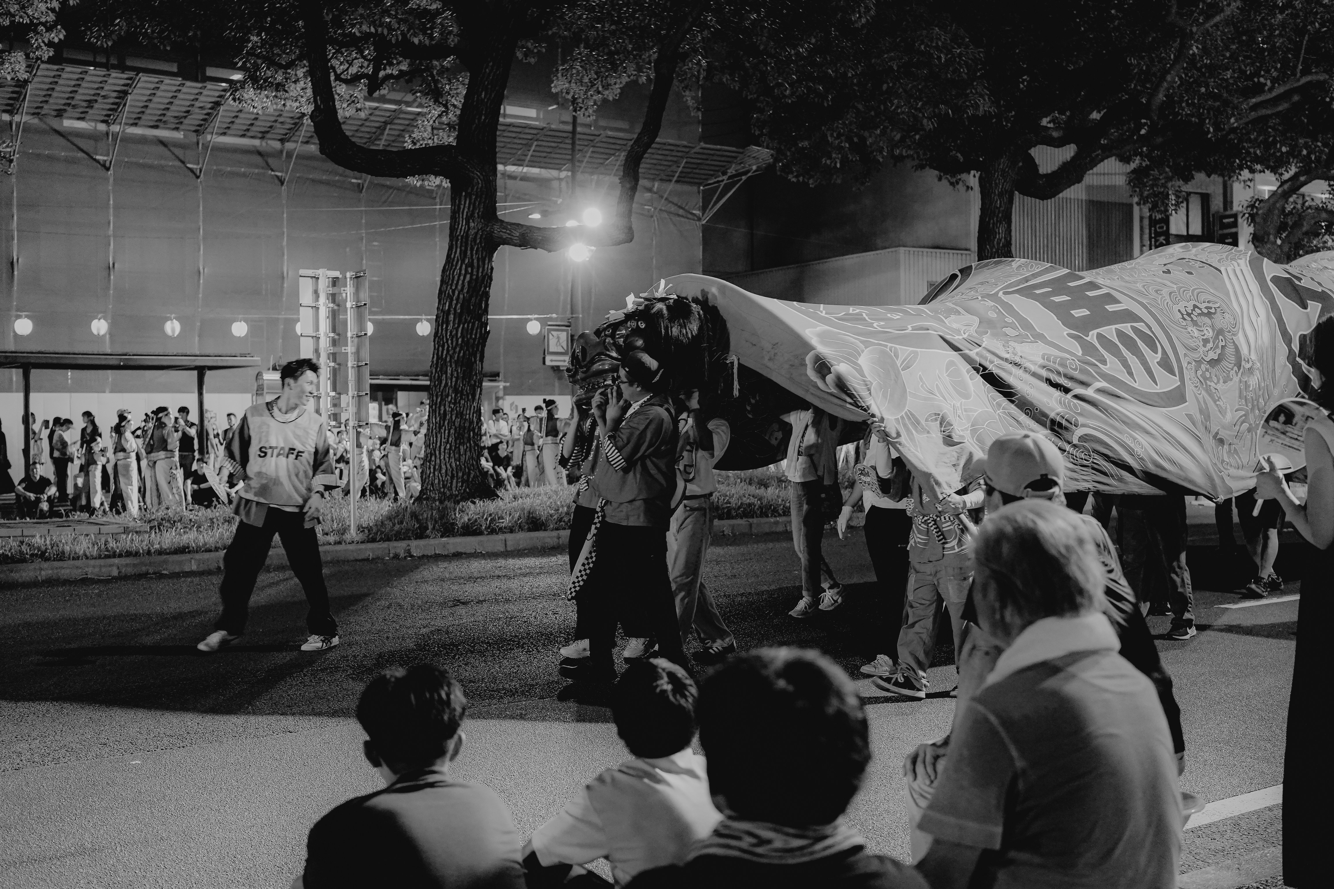 People carrying a large decorated banner during a nighttime parade.
