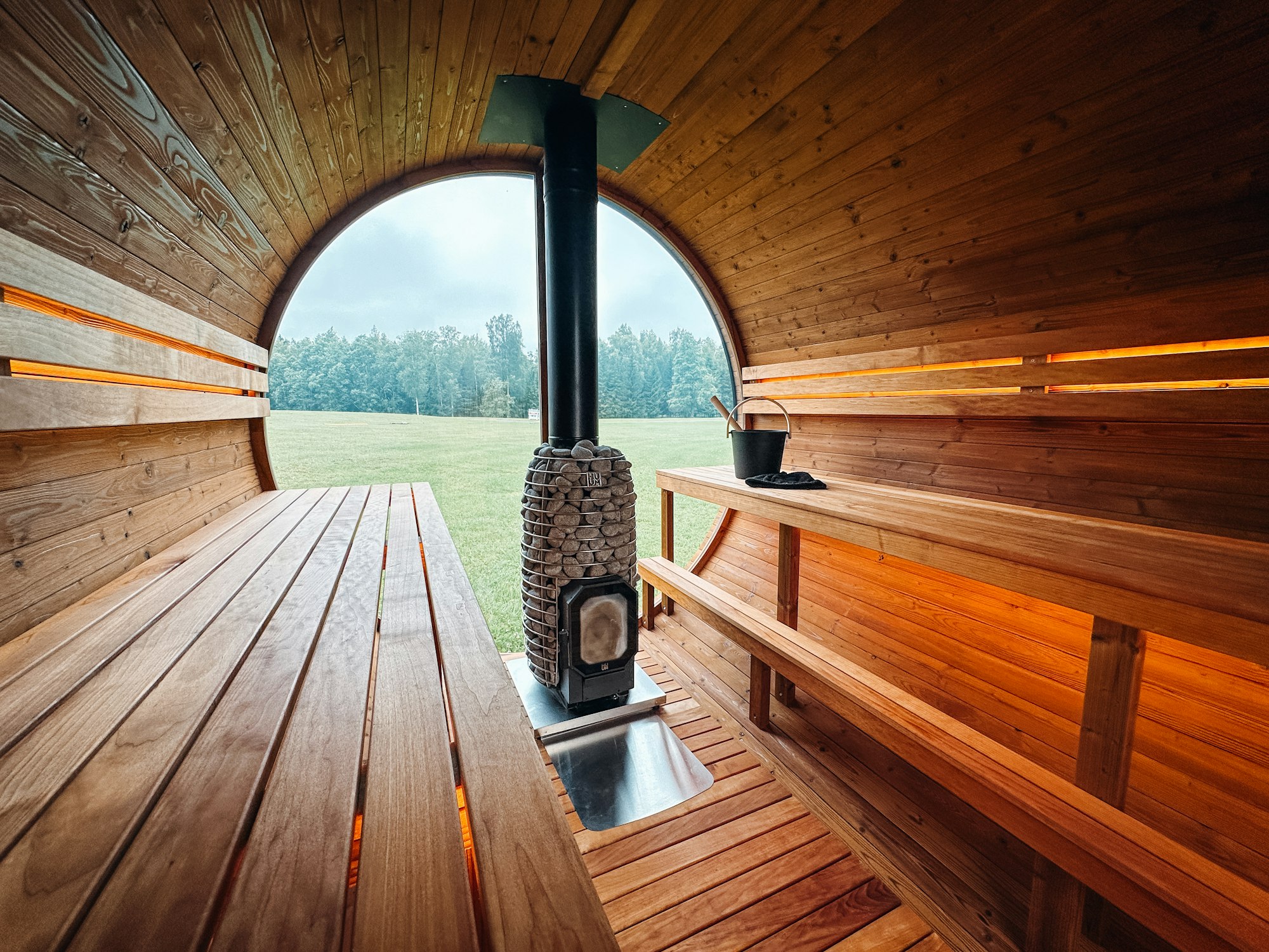 Wooden hut interior with view