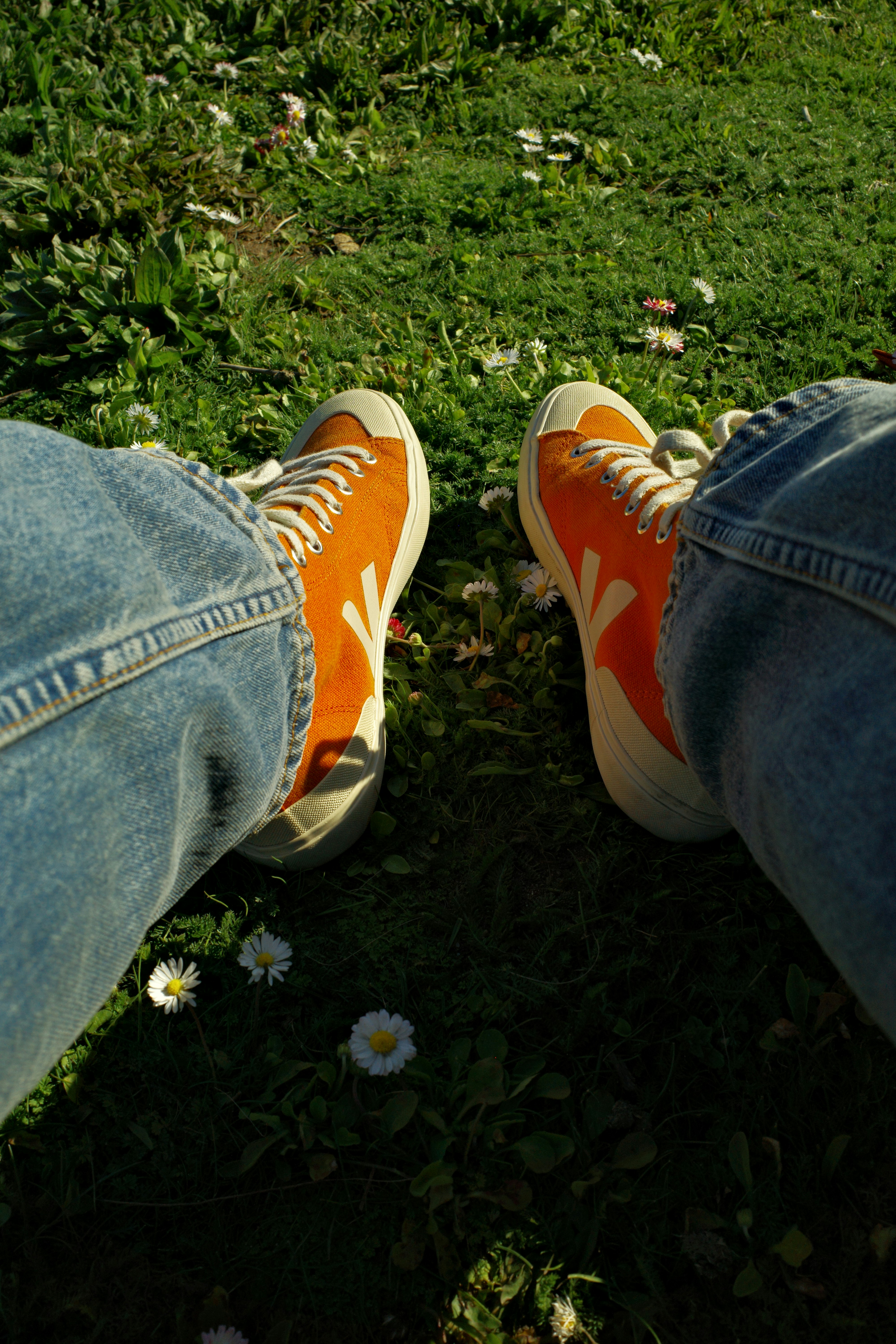 Person wearing orange sneakers sitting on grass