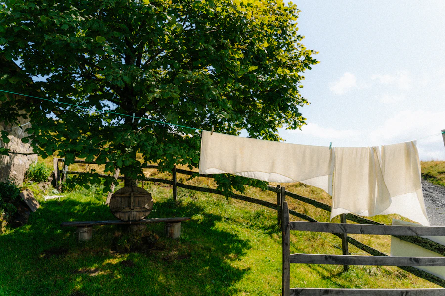 Fresh white laundry drying on a line in the open air