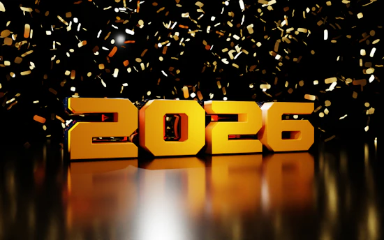 Golden 2026 numbers with falling confetti