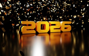 Golden 2026 numerals with falling confetti