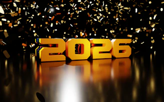 Golden 2026 numerals with falling confetti