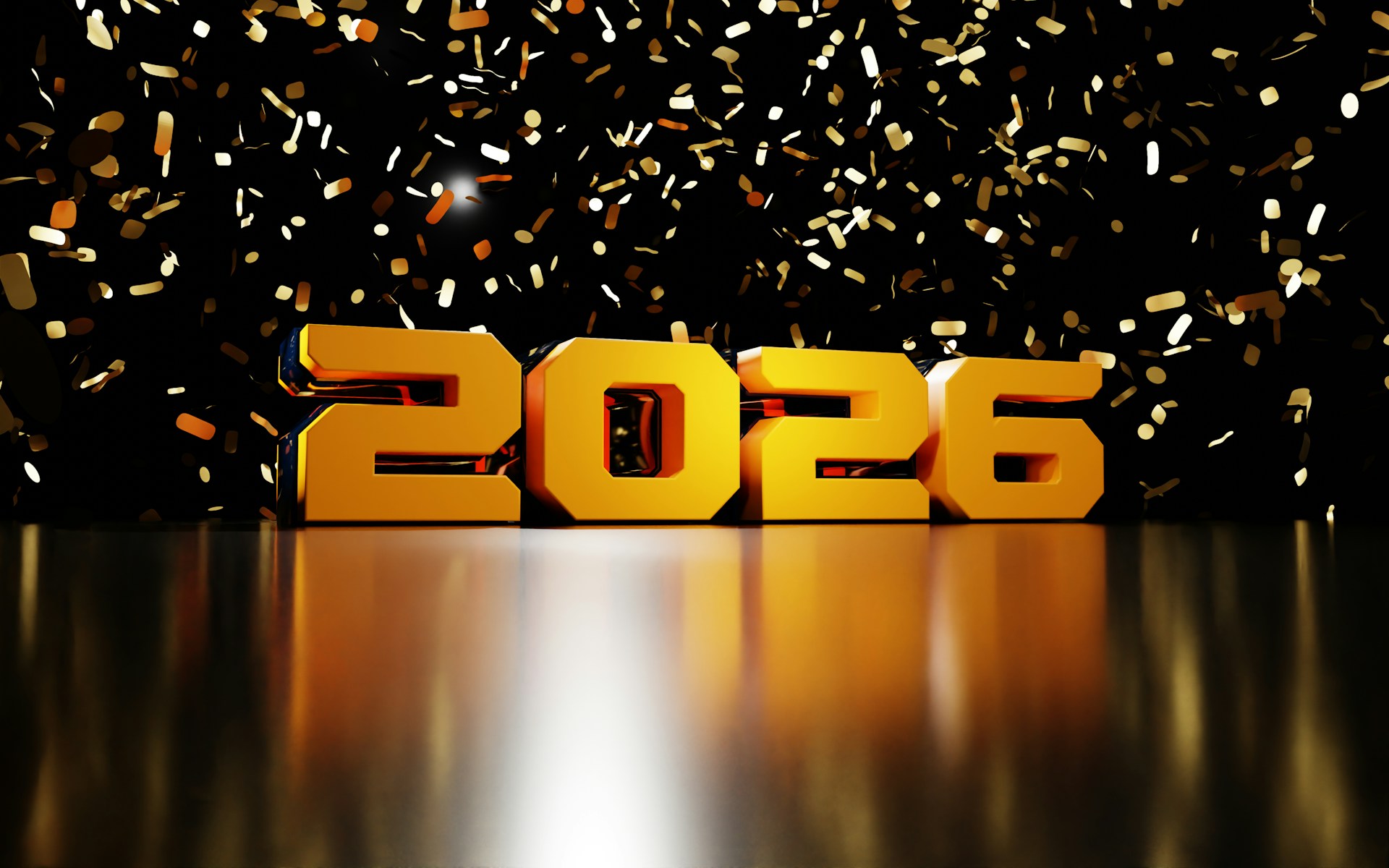 Golden 2026 numbers with falling confetti