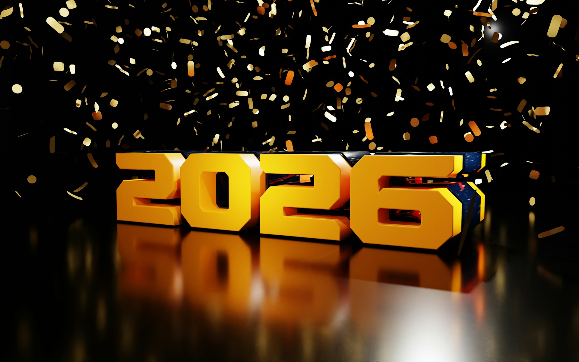 Golden 2026 numbers with falling confetti