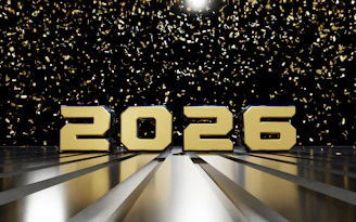 Golden 2026 text with falling confetti