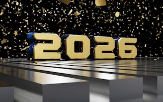 Golden 2026 numbers with falling confetti