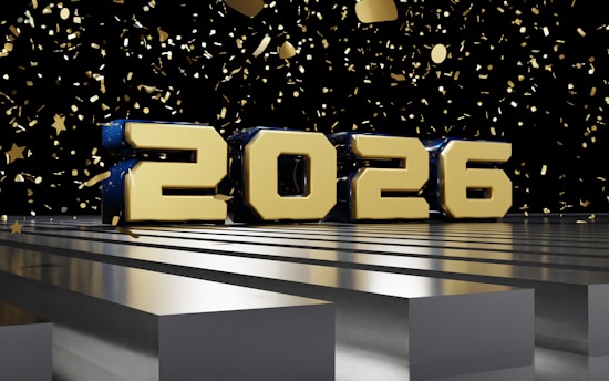 Golden 2026 numbers with falling confetti