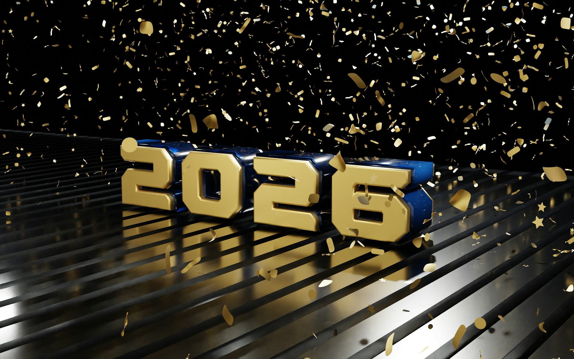 Golden 2026 numbers with falling confetti