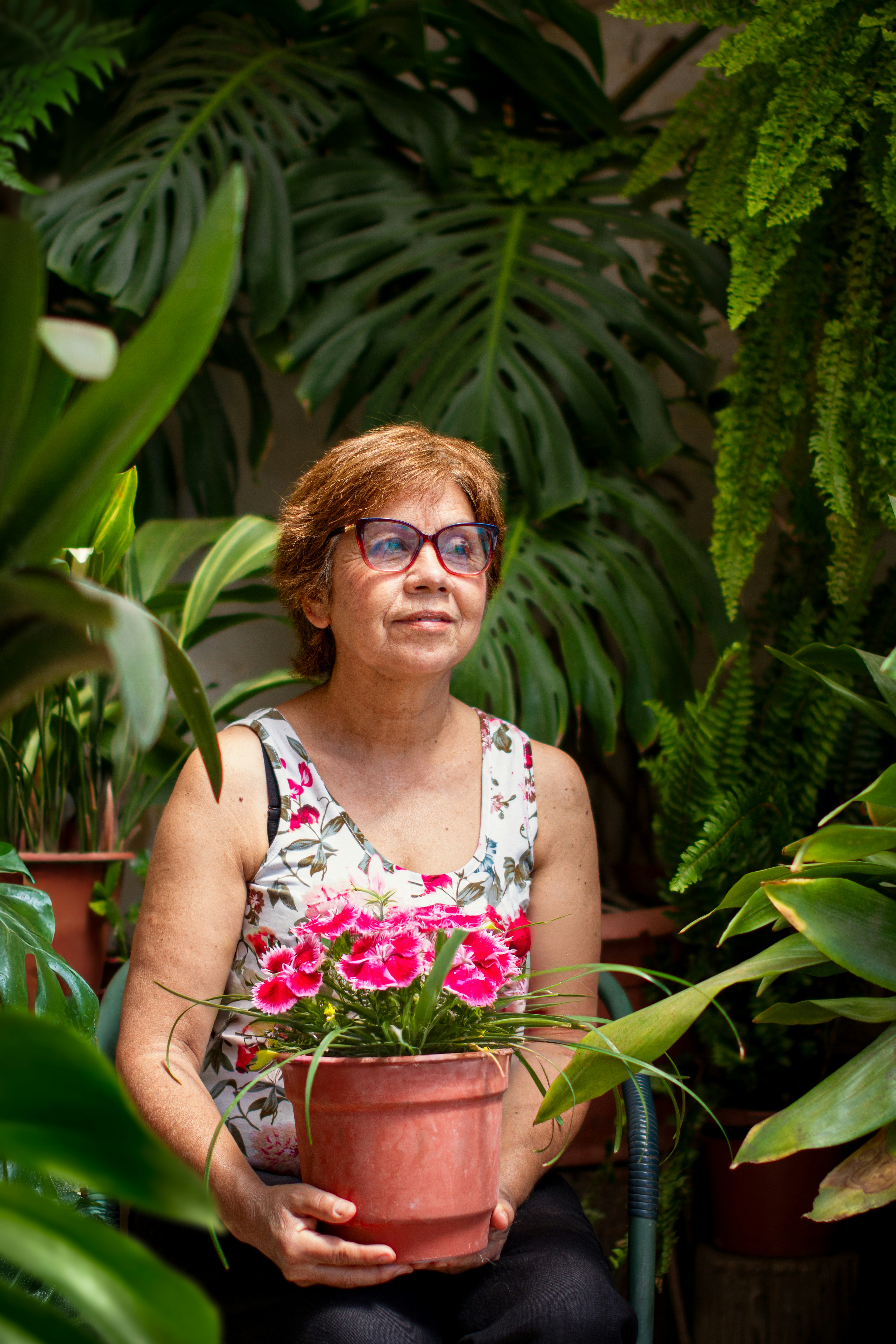 Woman holding a potted pink flower among lush green plants.