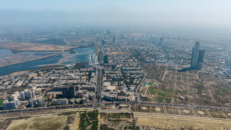 Aerial view of the Karachi skyline with Bahria Icon Tower
