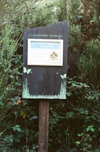 Countryside services sign with butterflies and greenery.