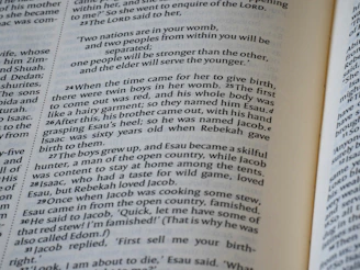 Close-up of an open bible with text visible.
