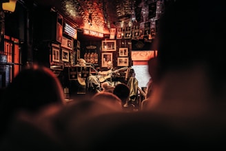 Musician performing in dimly lit, ornate bar