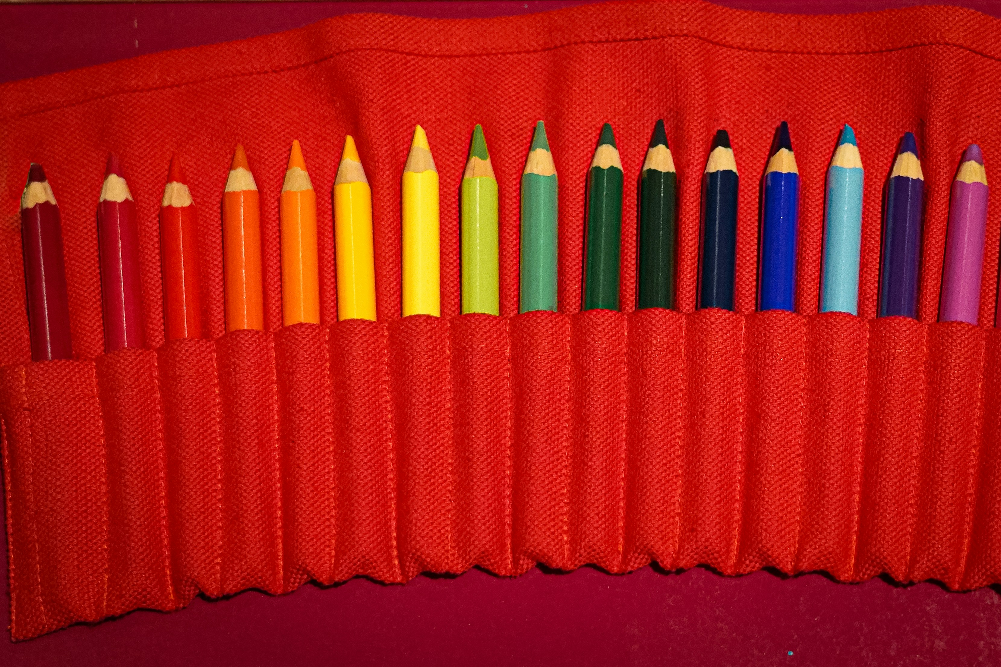 Colored pencils arranged in a red roll-up case