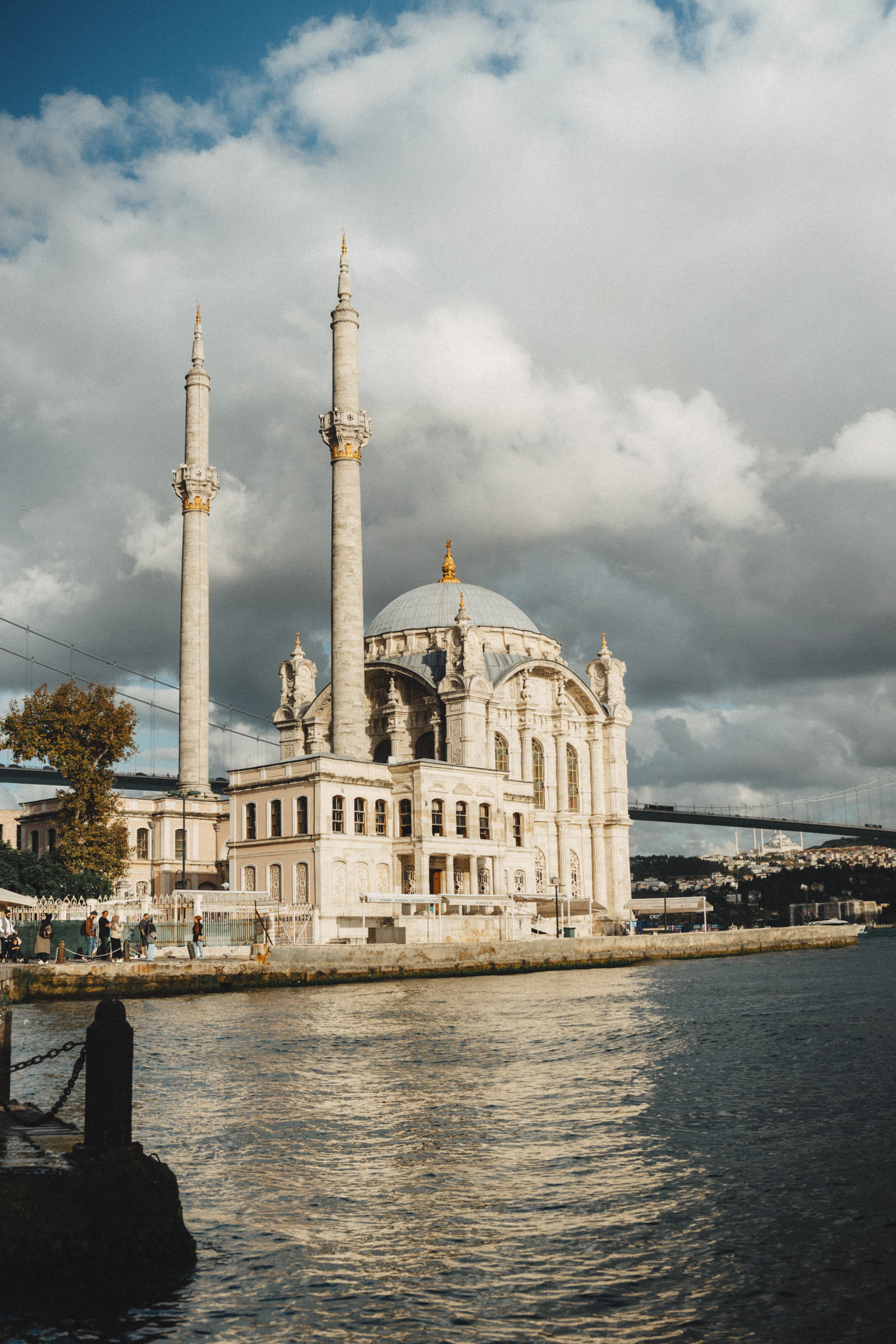 Ortakoy Mosque on the Bosphorus with the bridge and Istanbul waterfront, Turkey