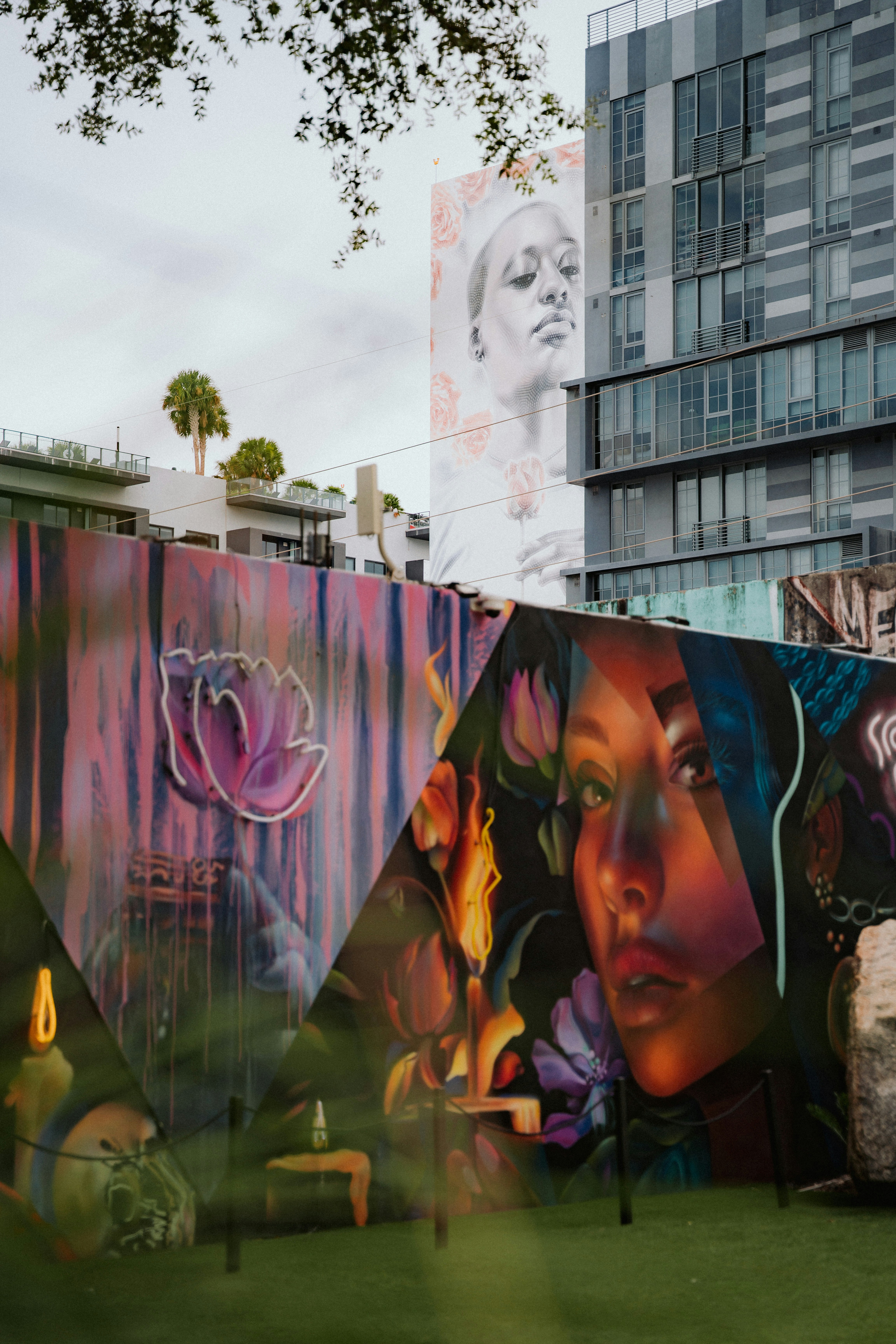 Vibrant mural art on a wall with modern buildings behind.