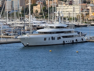 A large white yacht docked in a marina