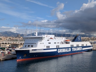 Large grimaldi trasmed ferry docked in port