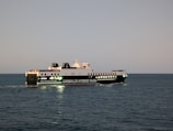 A large ferry sails on the ocean at dusk.