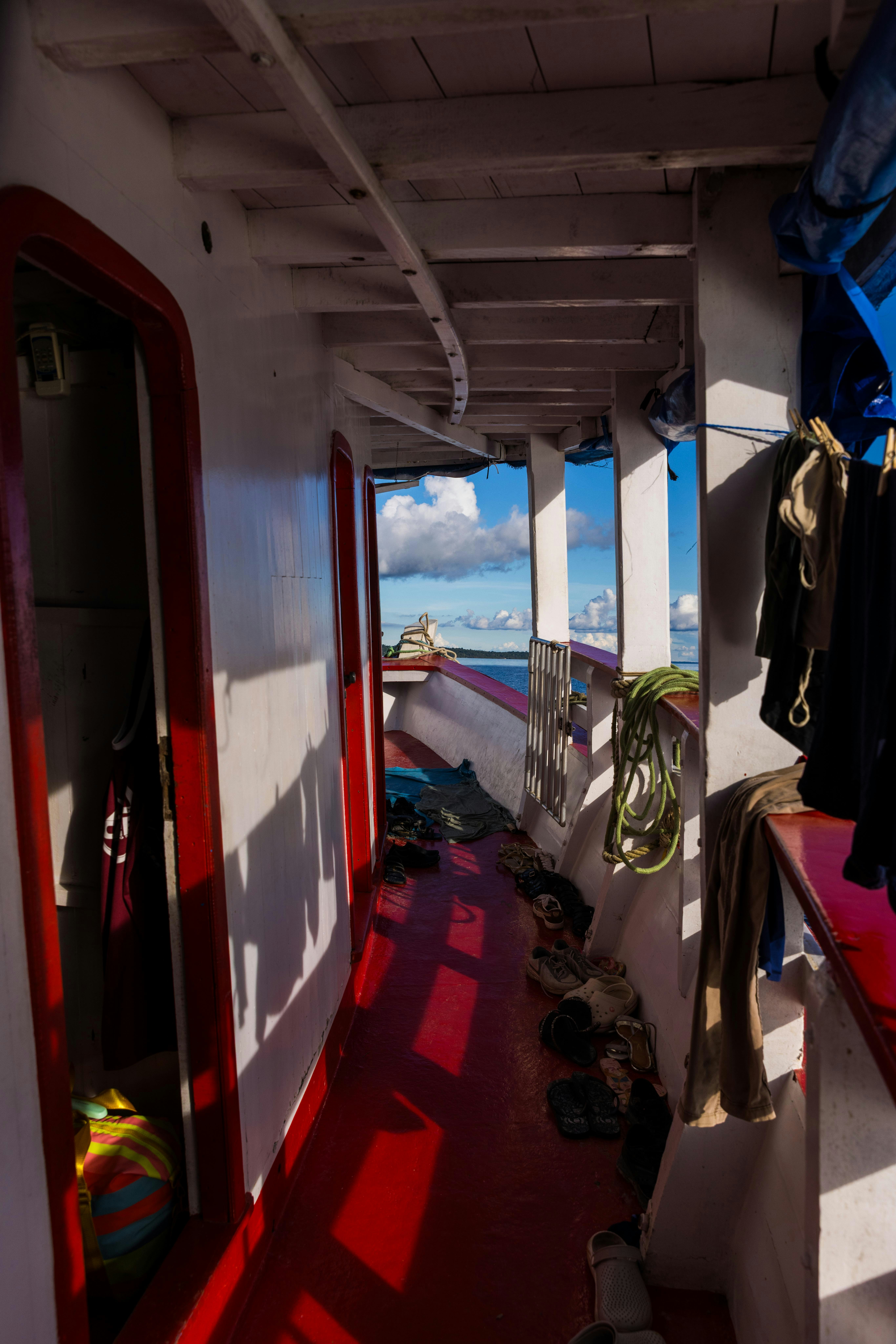 View from inside a boat looking out to sea.