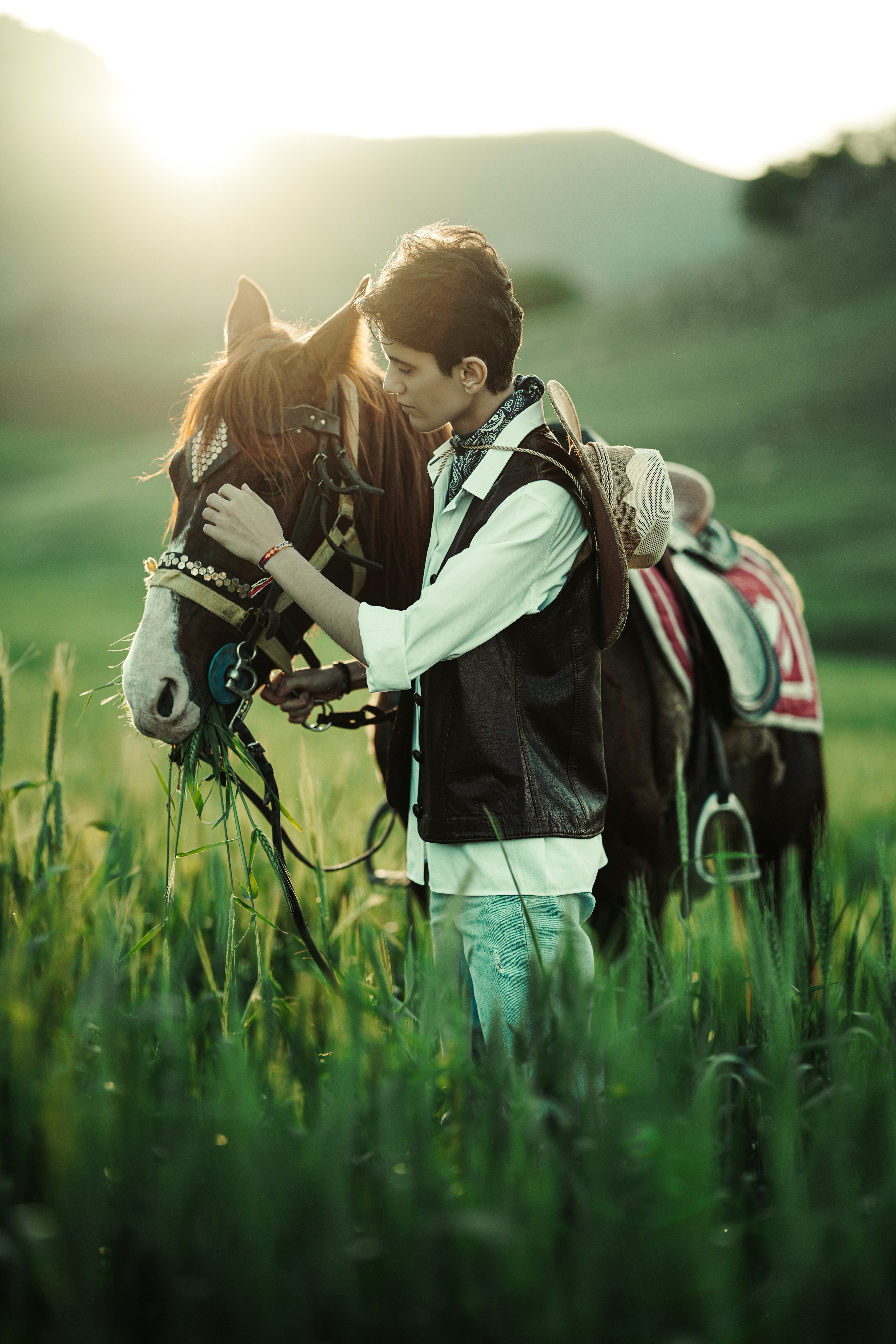 Person gently touching a horse in a grassy field.