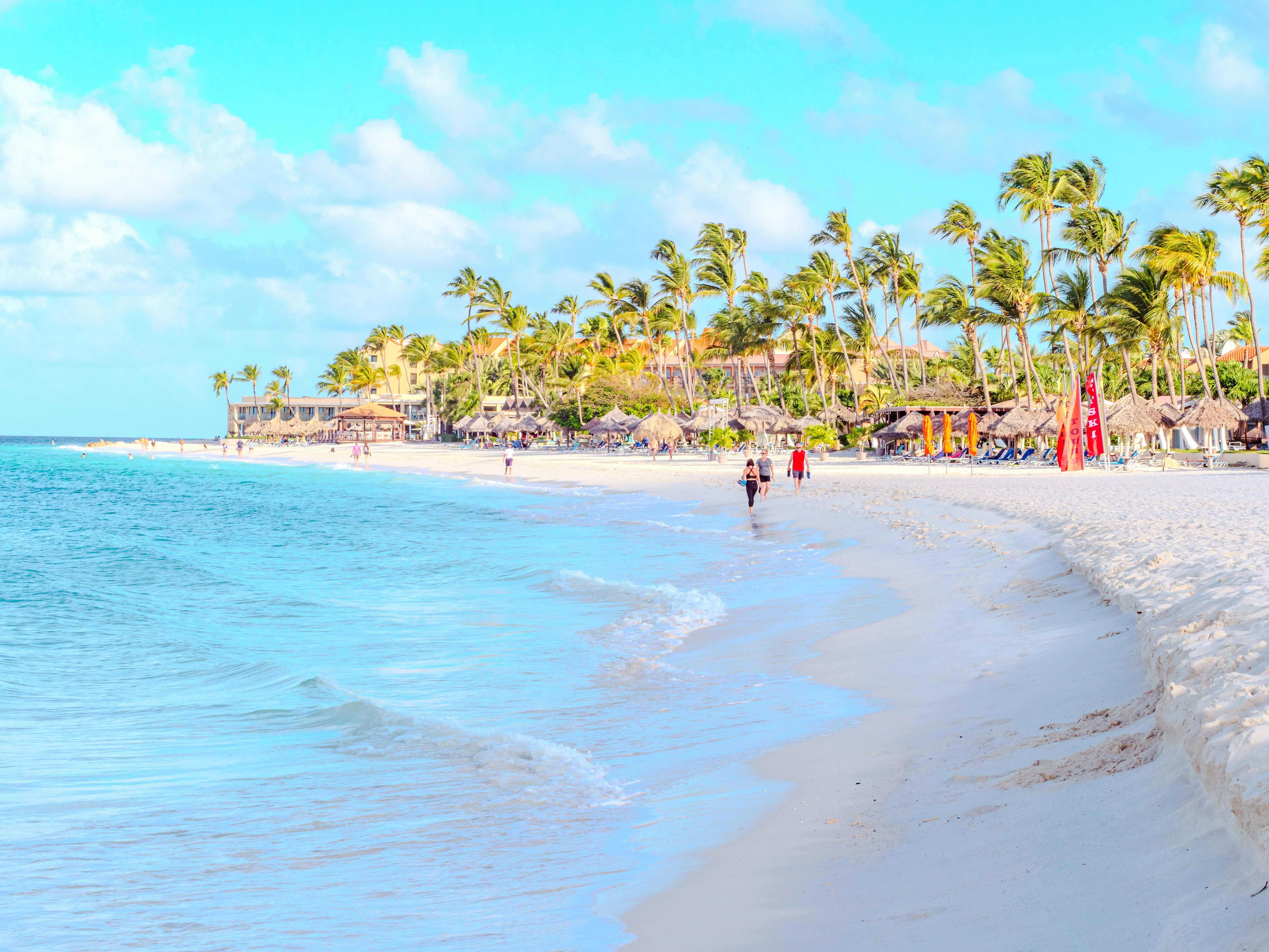Una hermosa playa tropical con palmeras y océano.