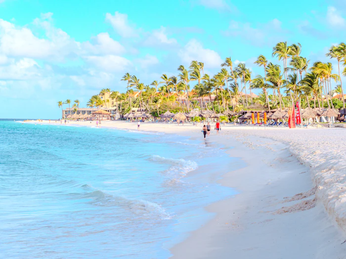 Playa tropical con palmeras en el Caribe
