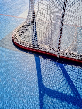 Hockey goal net on blue ice surface