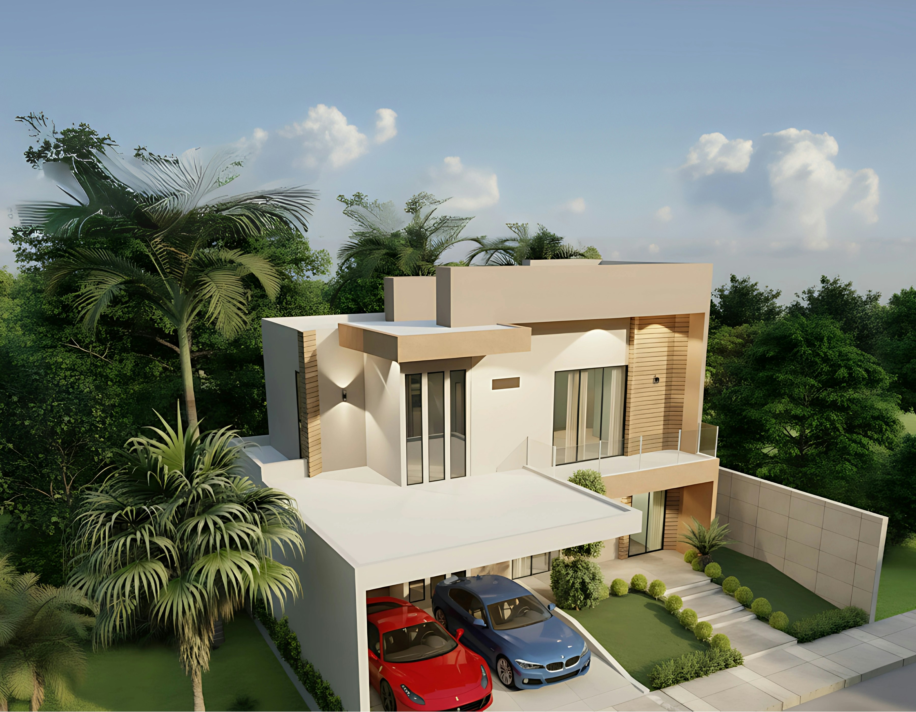 Modern house with cars in driveway