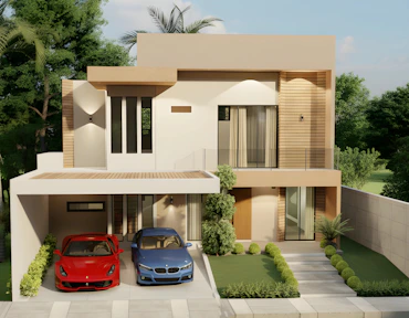 Modern house with two cars parked in driveway.