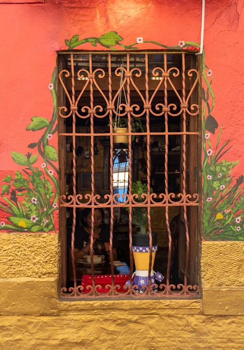 Ornate metal window grate on a red wall