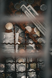 Us dollar bills and various coins behind a rusty grate.