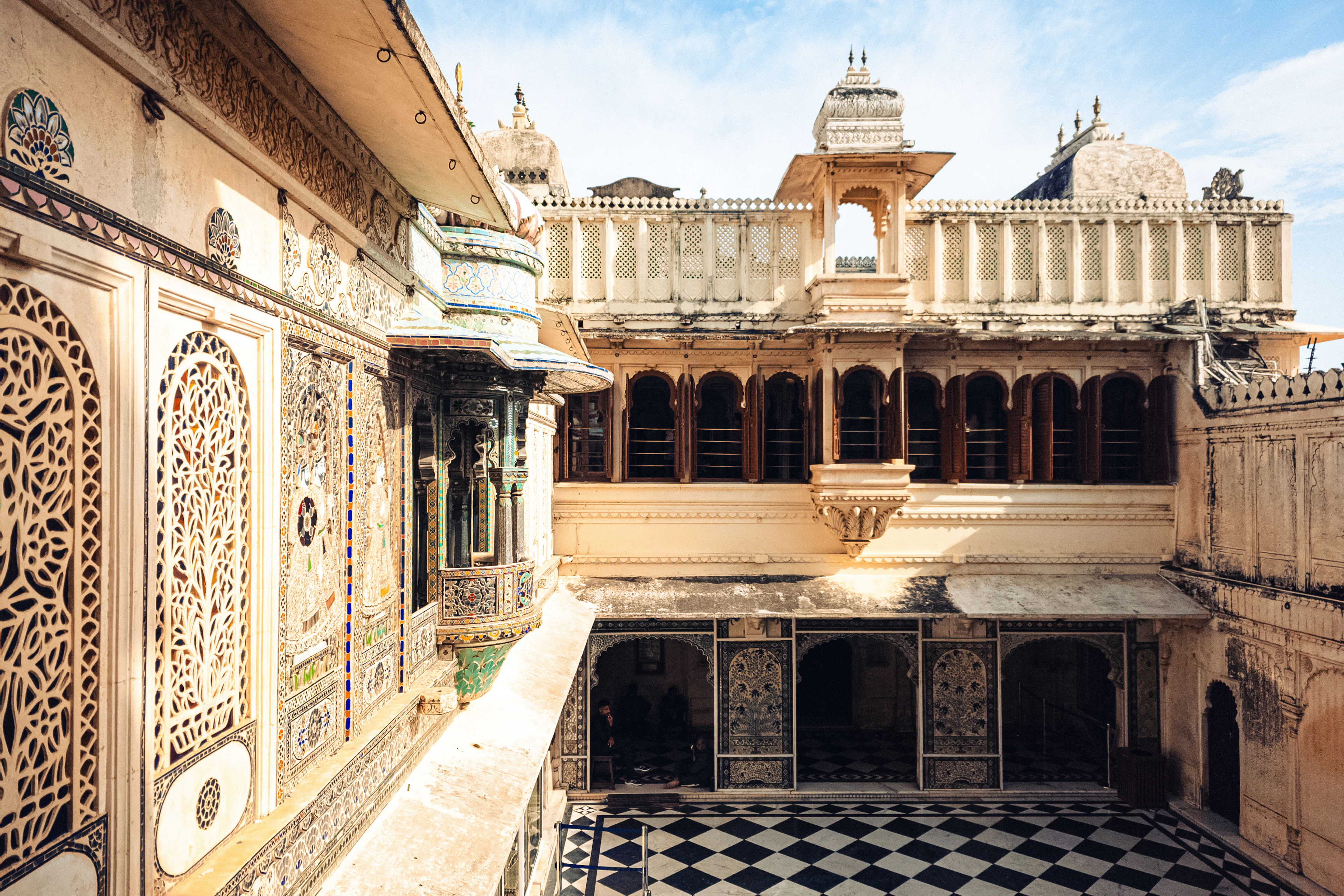 Ornate courtyard of a heritage palace in Rajasthan