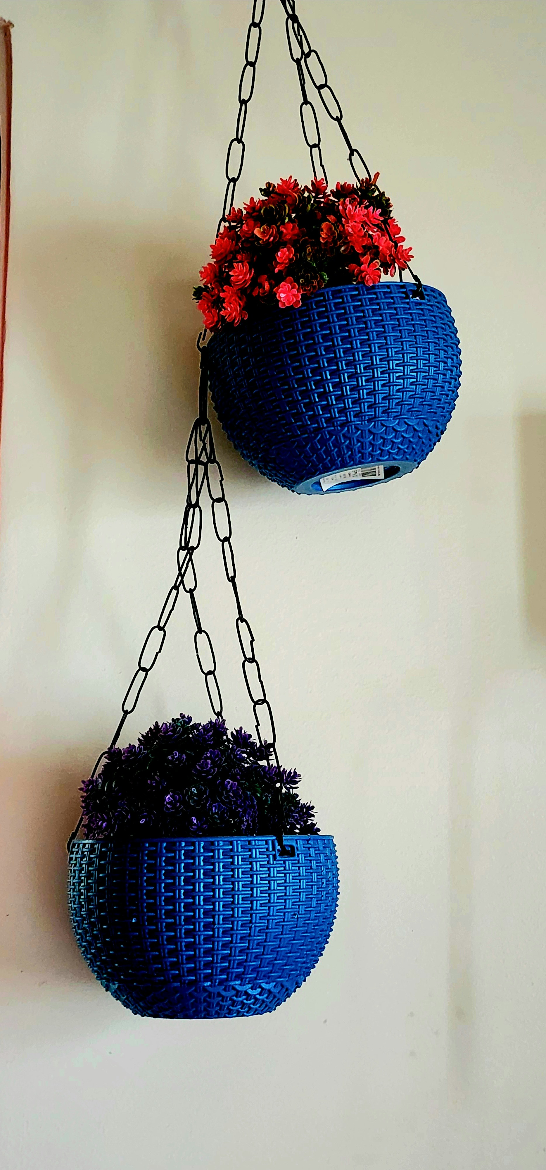 Two blue hanging planters with flowers on wall.