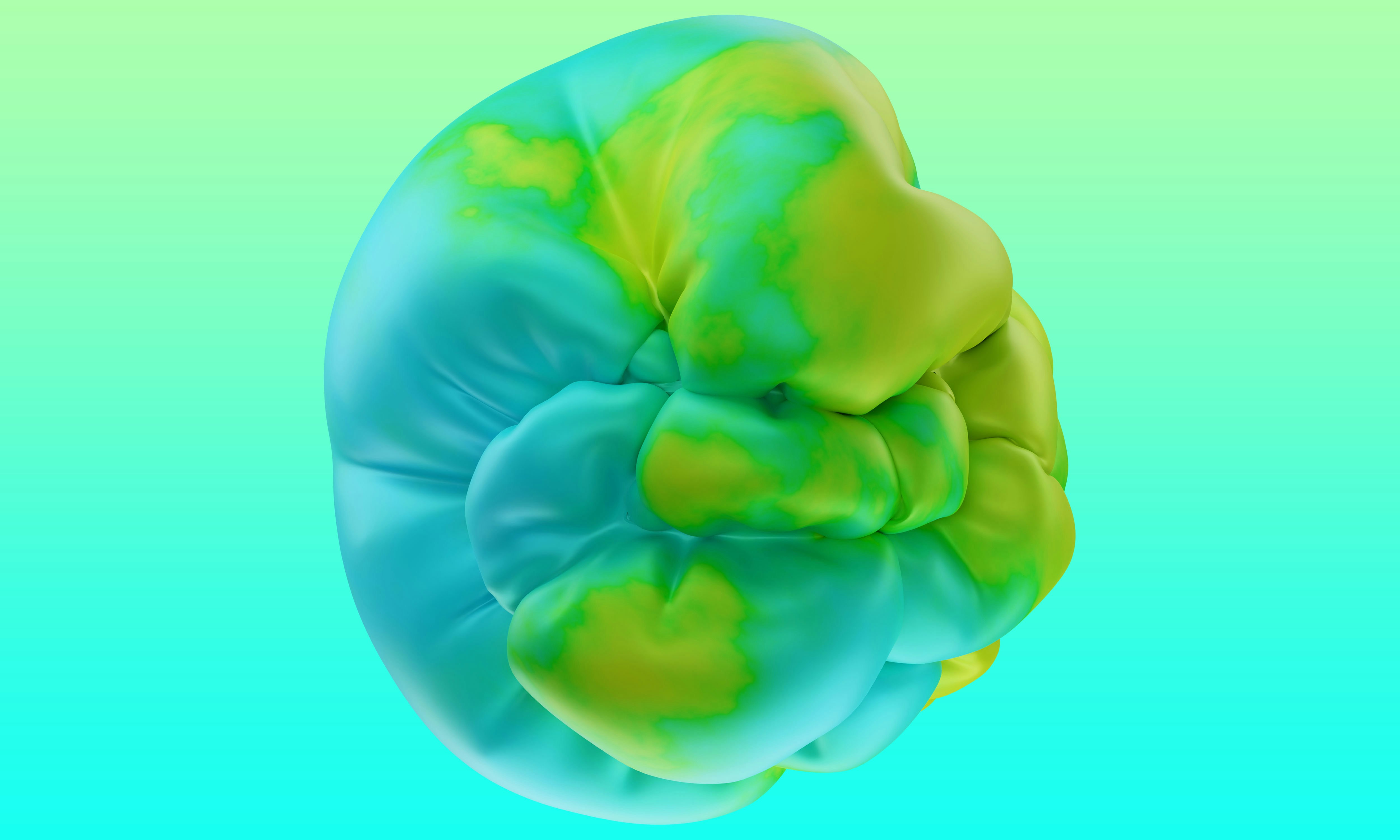 Abstract spherical object with blue and yellow swirls