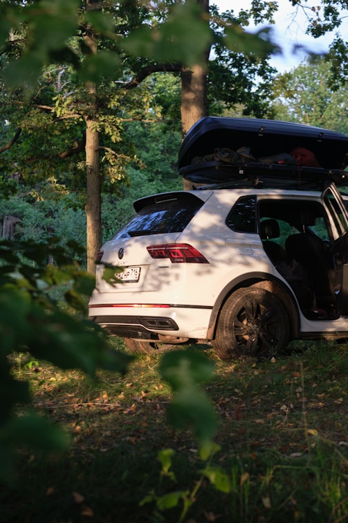 White suv parked in a forest with roof cargo carrier.