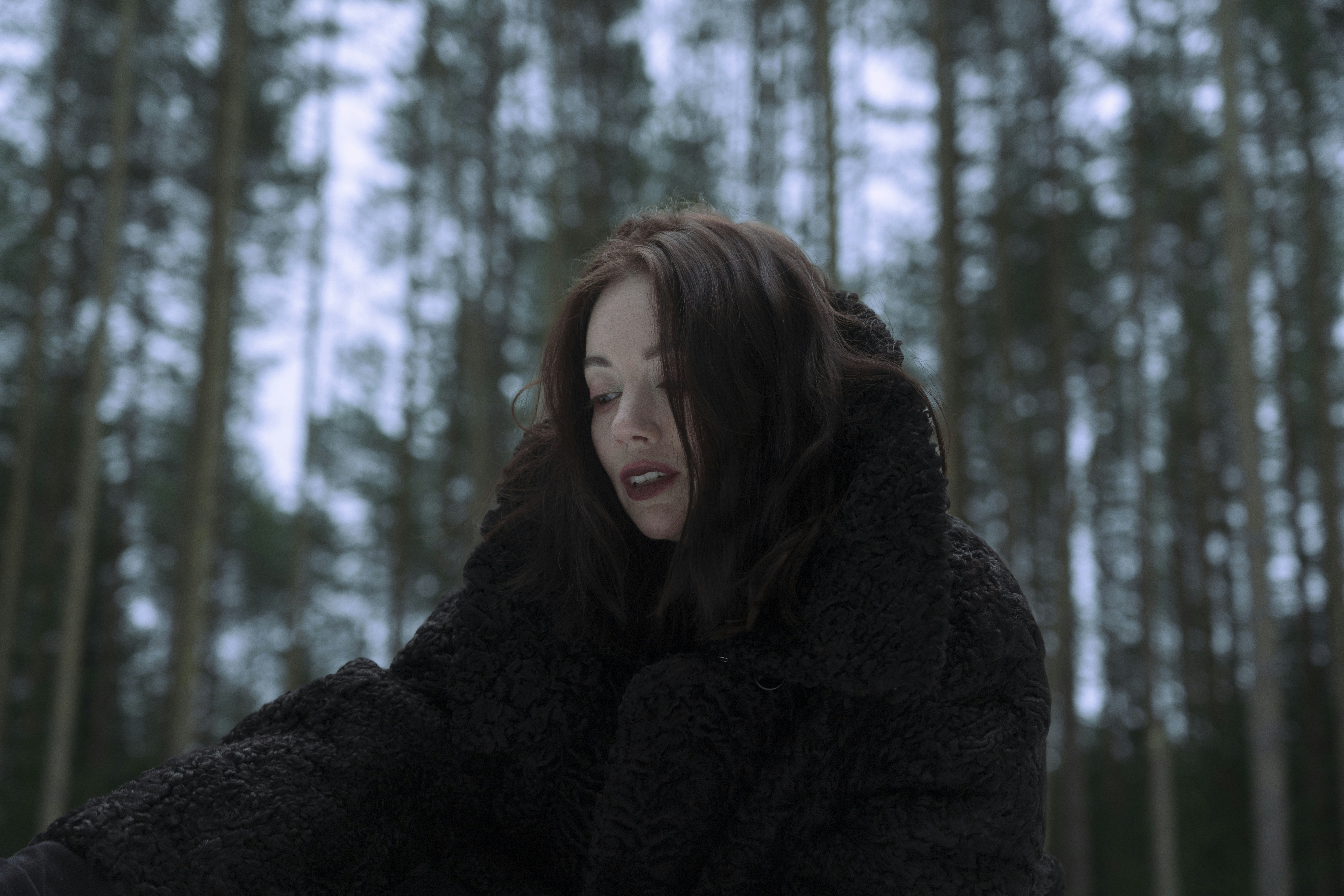 Femme en manteau de fourrure sombre dans la forêt enneigée