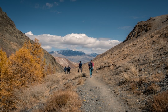 Hikers on a mountain trail in autumn