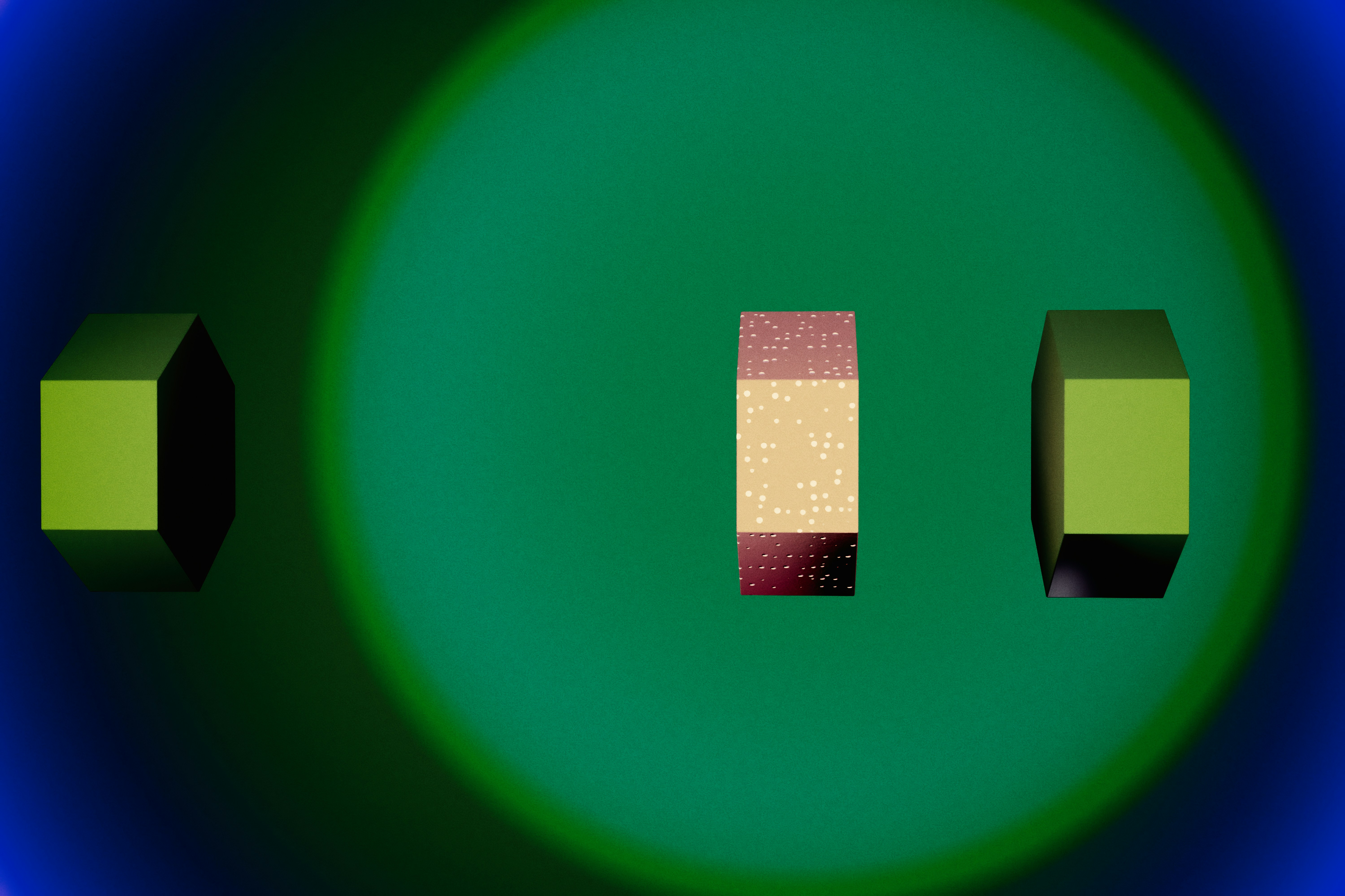 Three abstract geometric shapes on green background