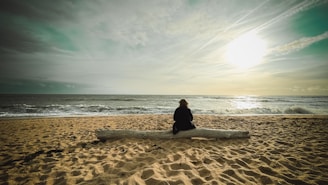 Person sitting on log facing the ocean waves.