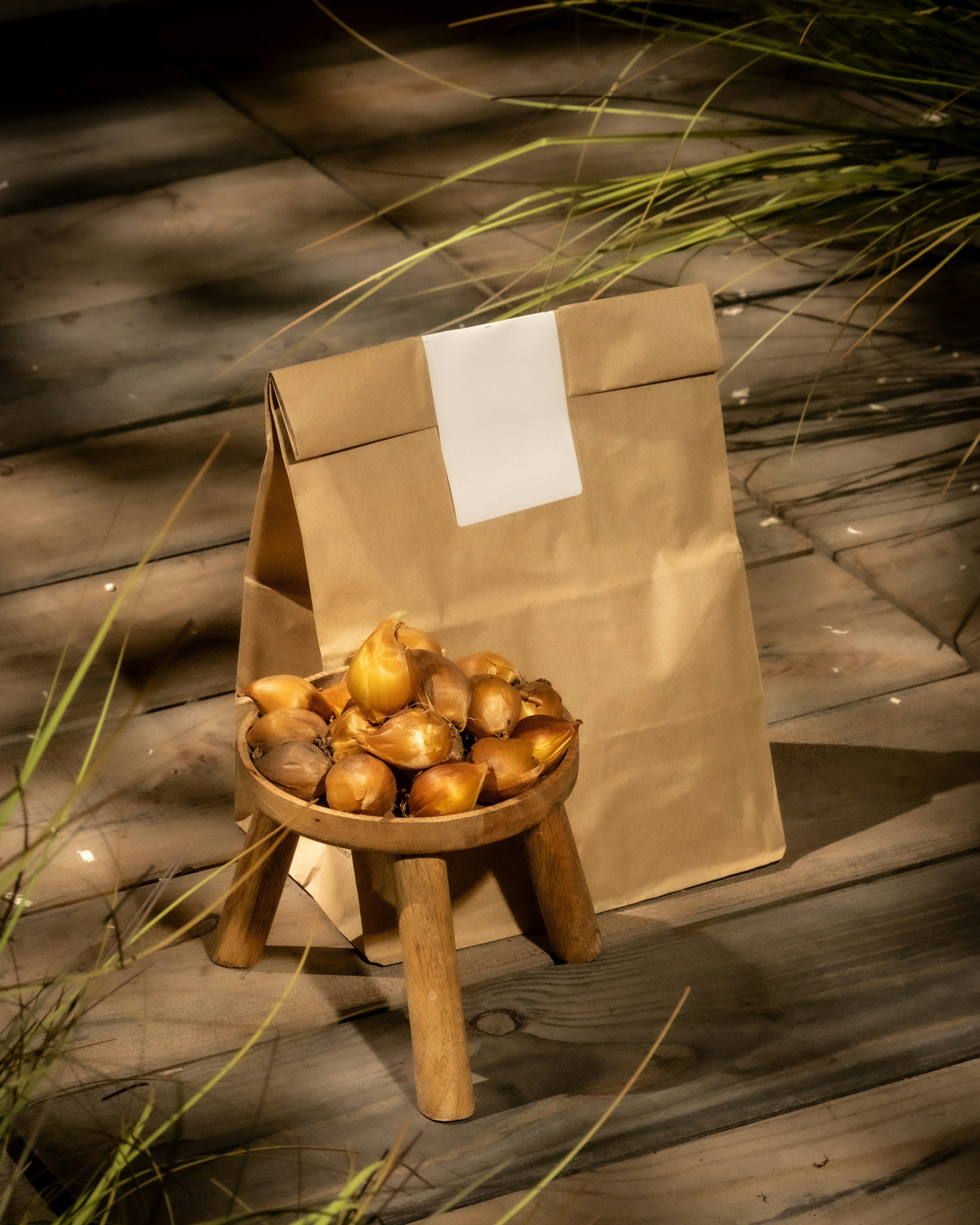 종이 봉지가 달린 나무 그릇에 꽃 구근.