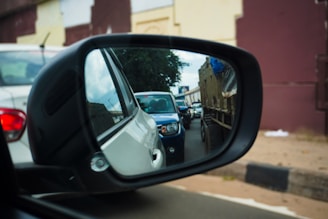 Reflection of traffic in a car's side mirror