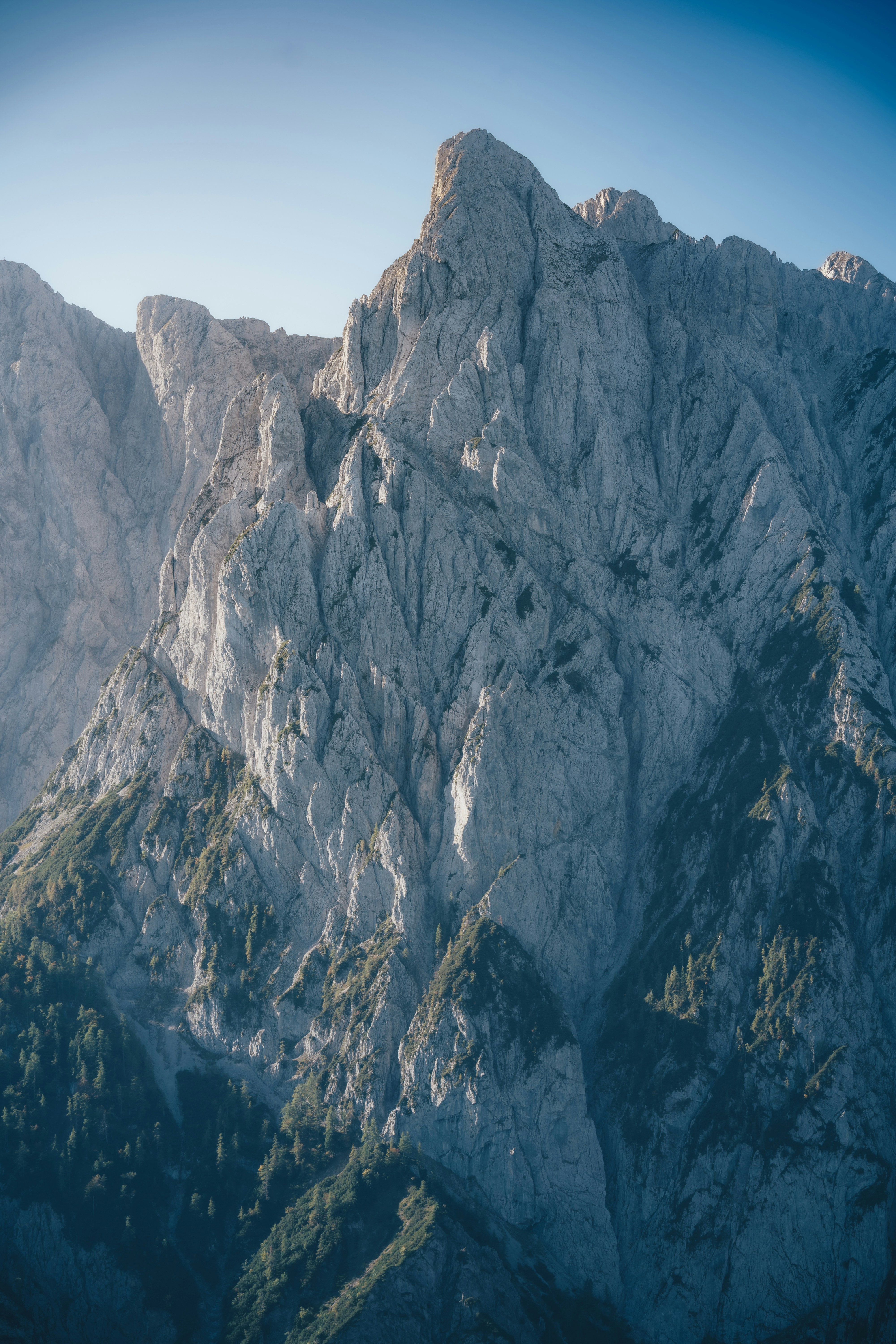 Jagged rocky mountain peak with green vegetation