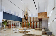 Modern lobby with contemporary art installation and seating area